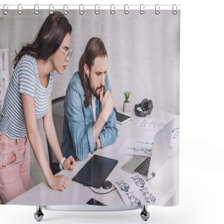 Personality  Animators Looking At Laptop Near Sketches On Table  Shower Curtains