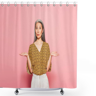 Personality  Discouraged Asian Woman Pointing With Hands While Looking At Camera On Pink  Shower Curtains