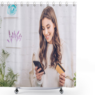 Personality  Beautiful Young Woman Smiling While Holding Credit Card And Using Smartphone Shower Curtains