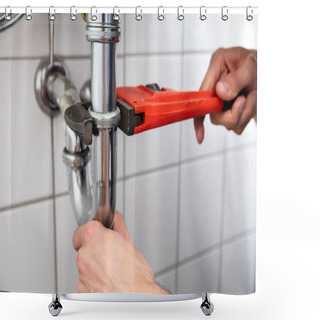 Personality  Close-up Of A Plumber's Hand Repairing Sink With Adjustable Wrench Shower Curtains