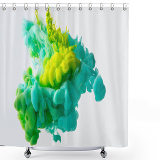 Personality  Close Up View Of Mixing Of Green, Yellow And Bright Turquoise Inks Splashes In Water Isolated On Gray Shower Curtains