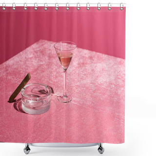 Personality  Rose Wine In Glass Near Cigar On Ashtray On Velour Pink Cloth Isolated On Pink, Girlish Concept Shower Curtains