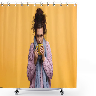 Personality  Woman In Knitted Sweater And Scarf Holding Cup Of Warm Beverage Isolated On Orange Shower Curtains
