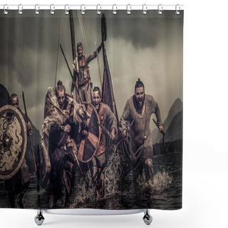 Personality  Mad Vikings Warriors In Attack, Running Along Shore With Drakkar  Shower Curtains
