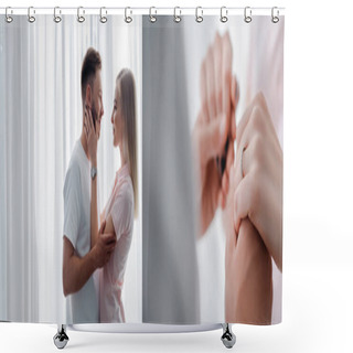Personality  Collage Of Girl With Engagement Ring On Finger Touching Face Of Handsome Man And Holding Hands Shower Curtains