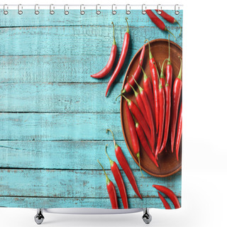 Personality  Elevated View Of Red Ripe Chili Peppers On Plate And Blue Wooden Table Shower Curtains