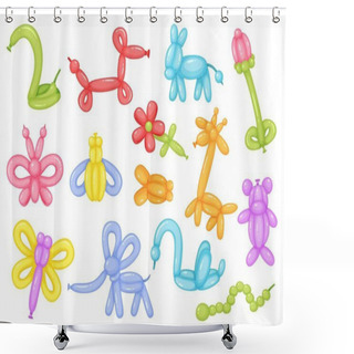 Personality  Cartoon Balloon Animals, Colorful Balloons For Kids Birthdays Celebration. Funny Animal Toys Giraffe, Butterfly, Birthday Party Decor Vector Set Shower Curtains
