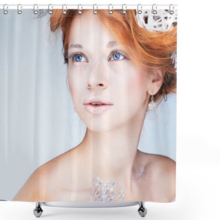 Personality  Redheaded Girl With New-year Decorations In A Hair-do. Beautiful New Year And Christmas Tree Holiday Hairstyle And Make Up. Shower Curtains