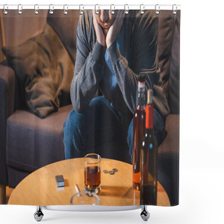 Personality  Drunk Man Sitting Near Table With Glass And Bottles Of Alcohol At Home Shower Curtains