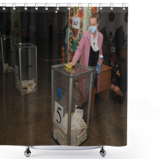 Personality  Disinfection Of Ballot Boxes For The Next Local Elections At One Of The Polling Stations In Kiev, October 25, 2020 Shower Curtains