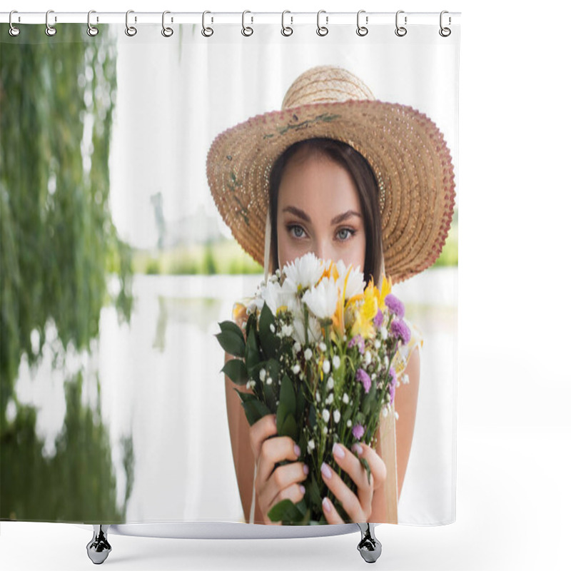 Personality  Young Woman In Straw Hat Covering Face While Smelling Flowers  Shower Curtains