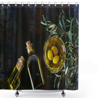 Personality  Top View Of Glass Jars With Olive Oil On Shabby Surface Shower Curtains