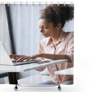 Personality  Young African American Woman Typing On Laptop Shower Curtains