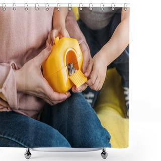 Personality  Partial View Of Mother And Son Holding  Pet House With Funny Hamster Shower Curtains