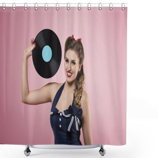 Personality  Pin Up Girl Holding Vinyl Record  Shower Curtains