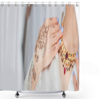Personality  Reflection In Mirror Of Young Indian Bride Wearing Necklace On White, Banner Shower Curtains