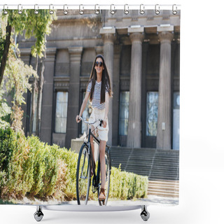 Personality  Young Smiling Woman In Sunglasses Riding Retro Bicycle On Street Shower Curtains