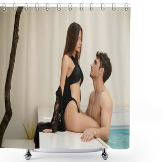 Personality  Sexy Couple, Seductive Woman In Swimsuit And Black Beach Wear Looking At Shirtless Man In Pool Shower Curtains