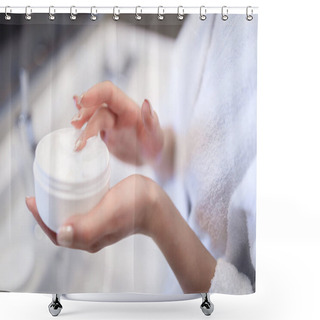 Personality  Cropped Image Of Girl Taking Cream In Bathroom  Shower Curtains