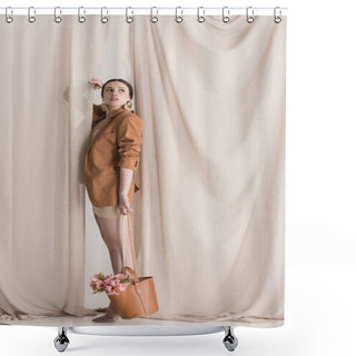 Personality  Side View Of Fashionable Model Carrying Flowers In Bag Standing On Curtain Background Shower Curtains