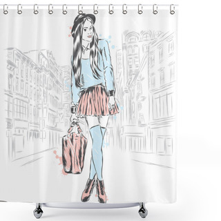 Personality  Girl On A City Street. Hipster. Vector Illustration. Shower Curtains