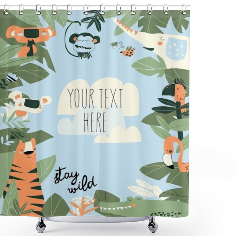 Personality  Cartoon Jungle Animals Frame With Copy Space Shower Curtains