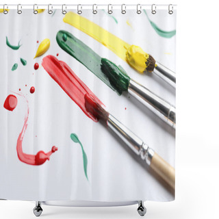 Personality  Brushes With Different Paints And Strokes On White Background, Closeup Shower Curtains