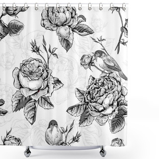 Personality  Floral Seamless Pattern With Roses And Birds Shower Curtains