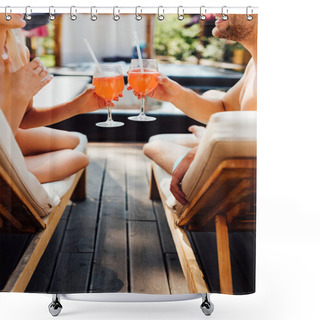 Personality  Cropped View Of Sexy Couple Lying On Loungers With Cocktails At Resort Shower Curtains