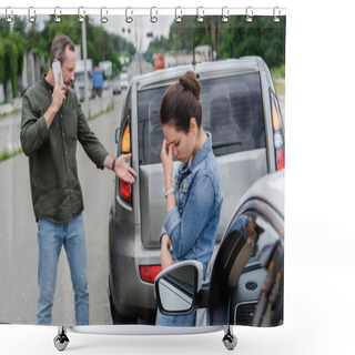 Personality  Upset Man And Woman Near Cars After Car Accident Shower Curtains