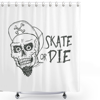 Personality  Skate Or Die Lettering Tattoo Design. Skater Scull Vintage T-shirt Print. Monochrome Retro Skateboarding Vector Illustration Shower Curtains