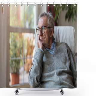 Personality  Senior Man Looking Out Of Window At Home Shower Curtains