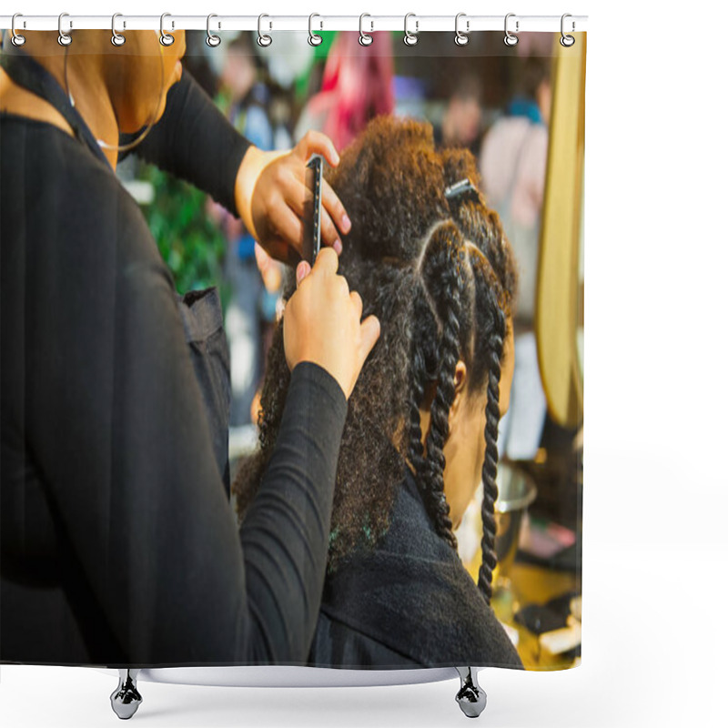 Personality  Close Up African Hairstylist Braided Hair Of Afro American Female Client In The Barber Salon. Black Healthy Hair Culture And Style. Stylish Therapy Professional Care Concept. Selective Focus Shower Curtains