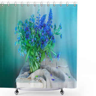 Personality  Cornflowers In A Glass Vase On A Blue Background Shower Curtains