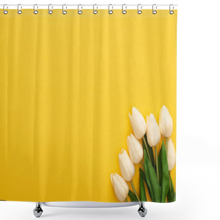 Personality  Top View Of Spring Tulips On Colorful Yellow Background Shower Curtains