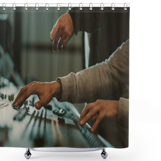 Personality  Cropped Shot Of Men Using Analog Graphic Equalizer At Recording Studio Shower Curtains