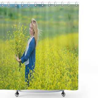 Personality  Genuine Cute Lady Woman In Meadow Of Yellow Flowers Sniffing Flower Bouquet. Attractive Beautiful Young Girl Enjoying The Warm Summer Sun In A Wide Green And Yellow Meadow. Stylish Dressed Shower Curtains