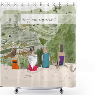 Personality  Hand Drowing Girls Enjoying Nature Shower Curtains