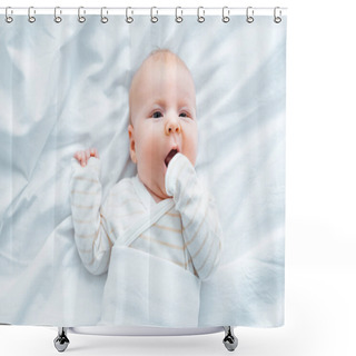 Personality  Top View Of Adorable Baby Lying On White Bedding  Shower Curtains