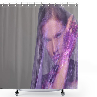Personality  A Classic Beauty Poses, Her Head Adorned With A Veil In Shades Of Grey, Exuding Timeless Elegance. Shower Curtains
