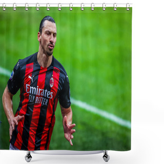 Personality  Zlatan Ibrahimovic Of AC Milan Celebrates After Scoring A Goal During Italian Football Serie A Match AC Milan Vs Crotone FC At The Giuseppe Meazza Stadium In Milan, Italy, February 07, 2021 - Credit: LiveMedia/Fabrizio Carabelli Shower Curtains