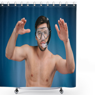 Personality  Handsome Shirtless Young Man In Snorkel And Diving Mask Swimming And Looking At Camera On Blue  Shower Curtains