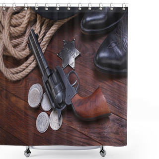 Personality  Old Western Gun With Sheriff Badge And Silver Dollars With Hat, Rope And Boots Shower Curtains