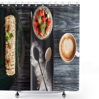 Personality  Top View Of Sweet Gourmet Desserts And Cup Of Coffee On Wooden Table  Shower Curtains