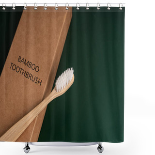 Personality  Eco-friendly Antibacterial Bamboo Wood Toothbrush On Dark Green Background. Taking Care Of The Environment In Trend. Shower Curtains