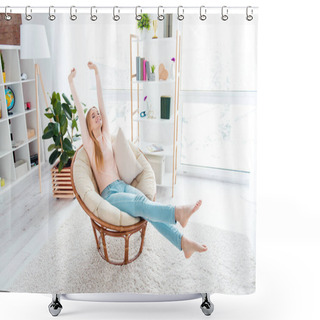 Personality  Portrait Of Positive Cheerful Girl Sitting On Cane Armchair In Comfortable Apartment Flat Making Stretching With Close Eyes Enjoying Domestic Atmosphere. Rent Real Estate Concept Shower Curtains