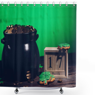 Personality  Calendar, Cookies In Shape Of Shamrock And Pot With Golden Coins On Wooden Table   Shower Curtains