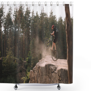 Personality  Trial Biker Balancing On Back Wheel On Rocks Outdoors Shower Curtains