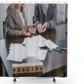 Personality  Selective Focus Of Word 'pension' Made Of Wooden Blocks With Senior Couple On Background Shower Curtains