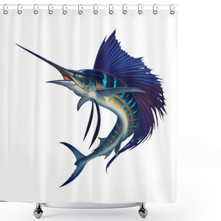 Personality  Sailfish Fish On White. Striped Big Marlin. Sports Fishing In Th Shower Curtains